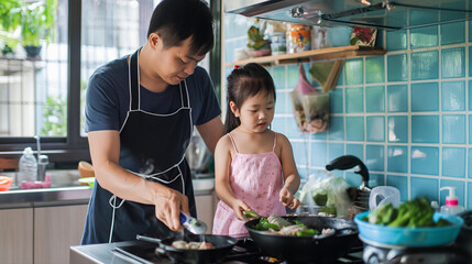 Jeune papa et petite fille asiatique debout dans la cuisine
