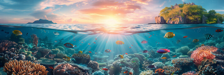 Selective focus of Colorful coral reefs and tropical islands at sunset Underwater landscape with fish in sea water. - Powered by Adobe