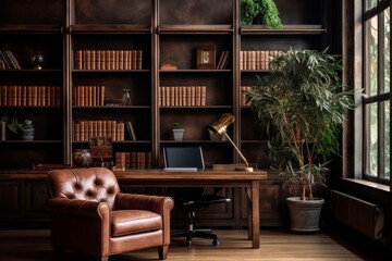 A Sienna Brown Office Space with Earthy Undertones, Featuring a Wooden Desk, Leather Chair, and a Bookshelf Filled with Classic Literature