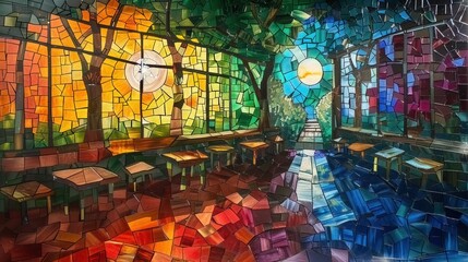 School classroom featuring a mosaic and a stained glass illusion
