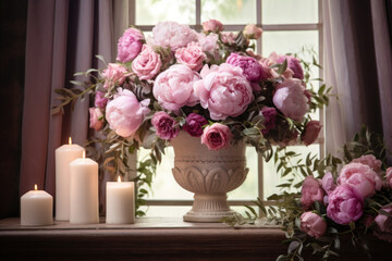 Lush bouquet of delicate pink peonies on slot with burning candles