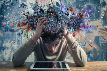 Digital art captures a person feeling overwhelmed, with a visual explosion of digital elements from their head, symbolizing the intense impact of technology overload.