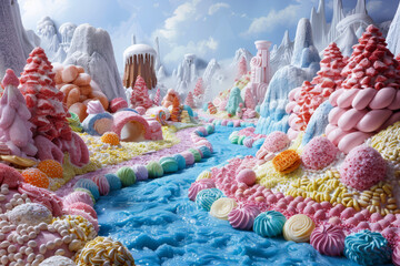 Whimsical colorful candy and marmalade mountains overlook a river of sugar syrup, dreamy candyland landscape for lovers of sweet