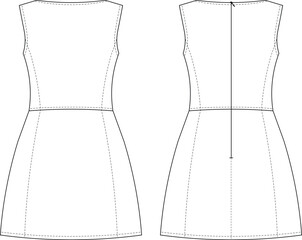 round neck crew neck sleeveless princess darted zippered short a-line dress denim jean template technical drawing flat sketch cad mockup fashion woman design style model
