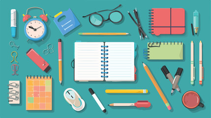 Different school stationery and notebook on turquoise