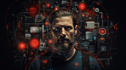 The technological sage. A bearded man is surrounded by a multitude of electronic devices, embodying the fusion of human wisdom with advanced technology in an abstract setting