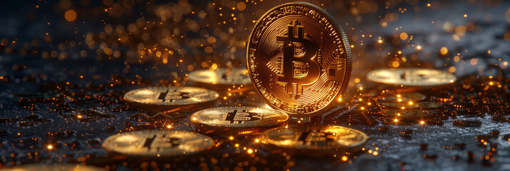 Selective focus of 3D rendering of a golden bitcoin coin on a background.