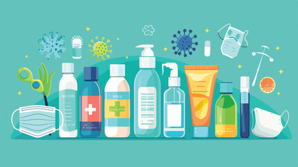 Disinfectants and medical masks on color background vector