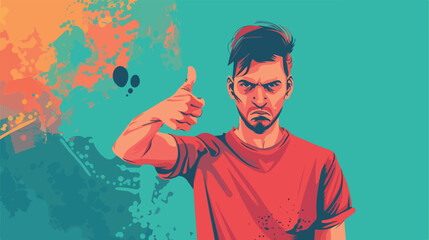 Displeased man showing thumbdown on color background