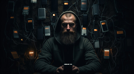Mysterious man surrounded by a web of glowing screens in a darkened lair. A bearded man sits cloaked in darkness, illuminated by numerous suspended smartphones
