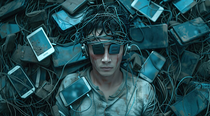 Ensnared by technologys grip: a solemn warning of societys digital entrapment. A man entangled in wires amongst a heap of discarded phones, symbolizing the perils of tech obsession