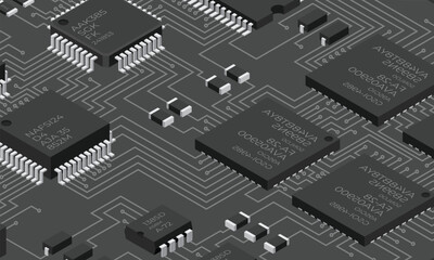 Fototapeta premium Isometric electronic board. Isometric printed circuit board with electronic components. Electronic components and integrated circuit board
