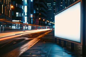 Blank long banner mockup in the night city street electronics hardware.