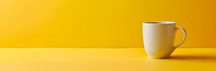 Coffee mug web banner. Coffee mug isolated on yellow background with space for text.