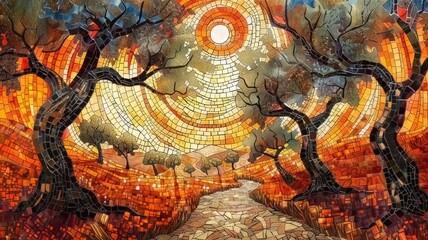 Spanish natural mosaic inspiration, olive trees, and the illusion of stained glass
