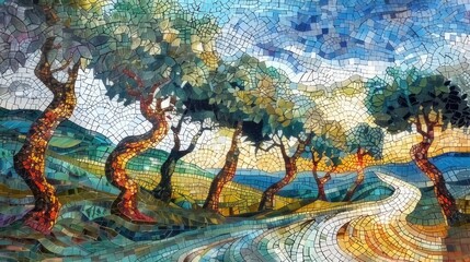 Spanish natural mosaic inspiration, olive trees, and the illusion of stained glass
