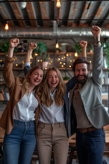 Caucasian business team Celebrate success by raising your arms in the office.