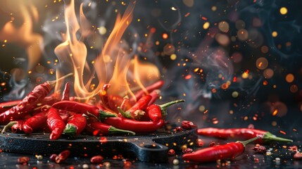 Background of a burning hot red chilli pepper, Red hot chili peppers on a dark background,Hot red chili peppers with splashes of water on a wooden table,red hot chilli peppers with flames, isolated 