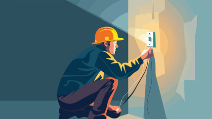 Electrician repairing wall switch indoors Vector illustration