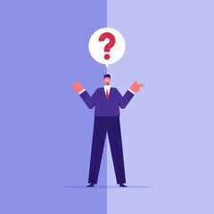 Make choice or decision concept, businessman makes a choice with pointing hands in different directions and mental question