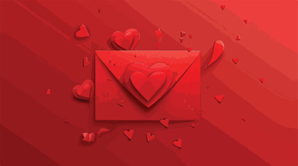 Envelope with paper heart on red background. Valentin