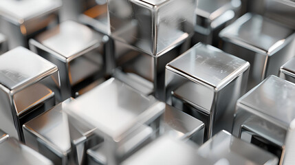  metal cubes in black and white color, abstract background ,Scattered metal cubes in focus on white background ,abstract composition featuring chrome design and geometric innovation