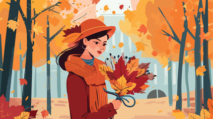 Fashionable woman with bouquet of autumn leaves