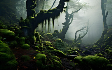 A mystical foggy forest, where twisted trees and moss-covered stones create an otherworldly atmosphere.
