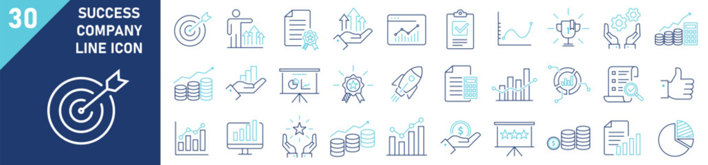 Success icons Pixel perfect. Success icon set. Set of 30 outline icons related to success. Linear icon collection. Success outline icons collection. Editable stroke. Vector illustration.