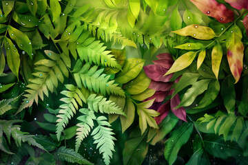 A painting of a lush green forest with many leaves and some red leaves