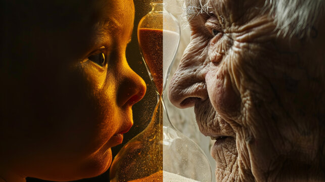 passage of time concept, a sand clock in the centre, on one side, a newborn, innocent and full of potential, and on the other, an older person, weathered by time and experience