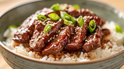 beef teriyaki rice in a black ceramic bowl, slices of beef glazed in a sweet and savory teriyaki sauce over steamed rice