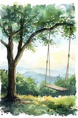 Watercolor painting of a mountain swing hanging from a large tree in the forest.