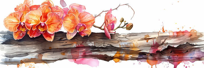 A watercolor painting of an orchid clinging to a rotten piece of wood.