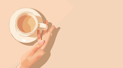 Female hand holding cup on beige background Vector illustration
