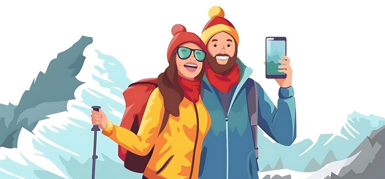 Happy couple taking selfie pic with smart mobile phone on top of the mountain