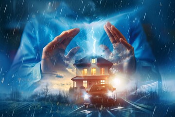 Real estate home protection concept with hands protecting family and house on blue background.  - Powered by Adobe