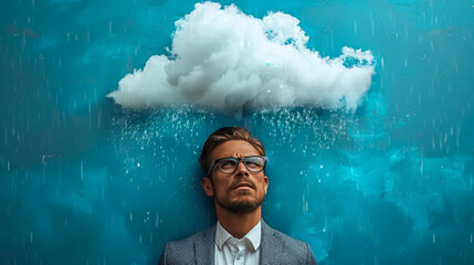 businessman head with cloud and rain, concept of a bad business time