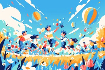 Children playing in the park, hot air balloons flying overhead. A flat design illustration