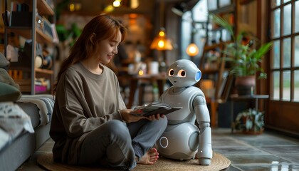 Chrono-bot Assistance, person interacting with a friendly AI robot companion specialized in time management. 