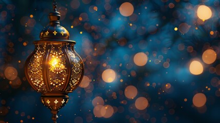 Elegant arabic lantern emitting a warm glow amidst a magical bokeh background symbolizing festive spirit. 