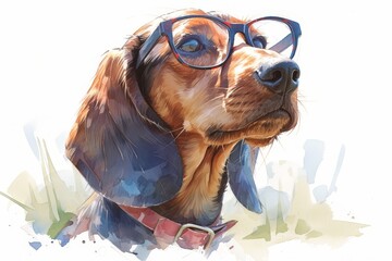colorful Dachshund dog with glasses, white background, vector art, happy mood