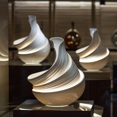 Elegant White Porcelain Art Pieces in a Swirl Design on Display