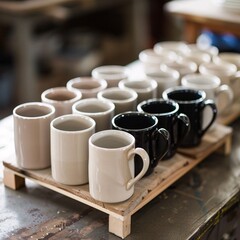 Assorted Ceramic Mugs on Wooden Pallet in Pottery Workshop