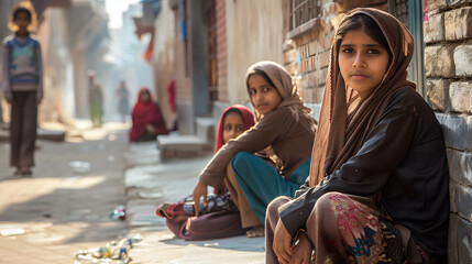 girls portraits while begging in the walled city streets corners with other people activities of Lahore Pakistan in the morning sun 