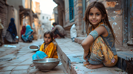 girls portraits while begging in the walled city streets corners with other people activities of Lahore Pakistan in the morning sun 