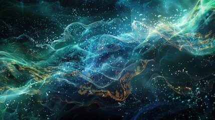 Ethereal digital landscape with glowing neon waves and starry particles.  Abstract Technology Background