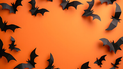 Naklejka premium Halloween background with paper bats on color orange. flat lay top view space for text stock photo contest winner