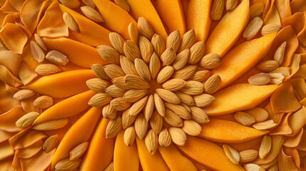 A mesmerizing image of dried mango slices and almonds arranged in concentric circles, creating a visually stunning display of natural symmetry and beauty.