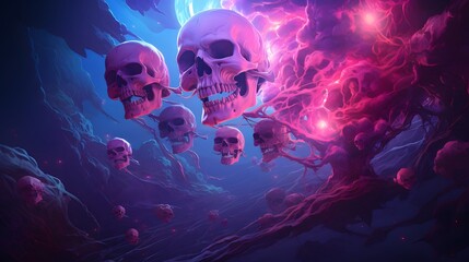 A haunting composition of ghostly skulls levitating amidst a swirling mass of purple and pink energy in a cavernous, otherworldly setting.
